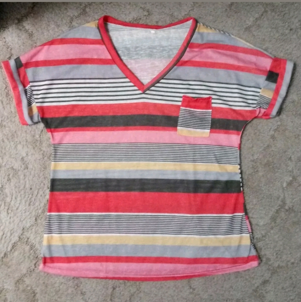 Short Sleeve V-neck Striped Pocket Tee 3XL